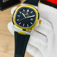 Luxury Men's Sport Watch – Gold Bezel & Textured Black Dial with Premium Silicone Strap