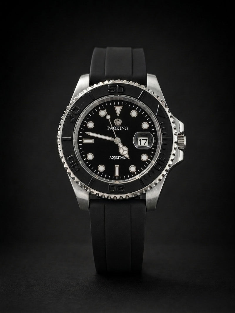 Stealth Black Tactical Dive Watch with Geometric Indices - Rotatable Dail