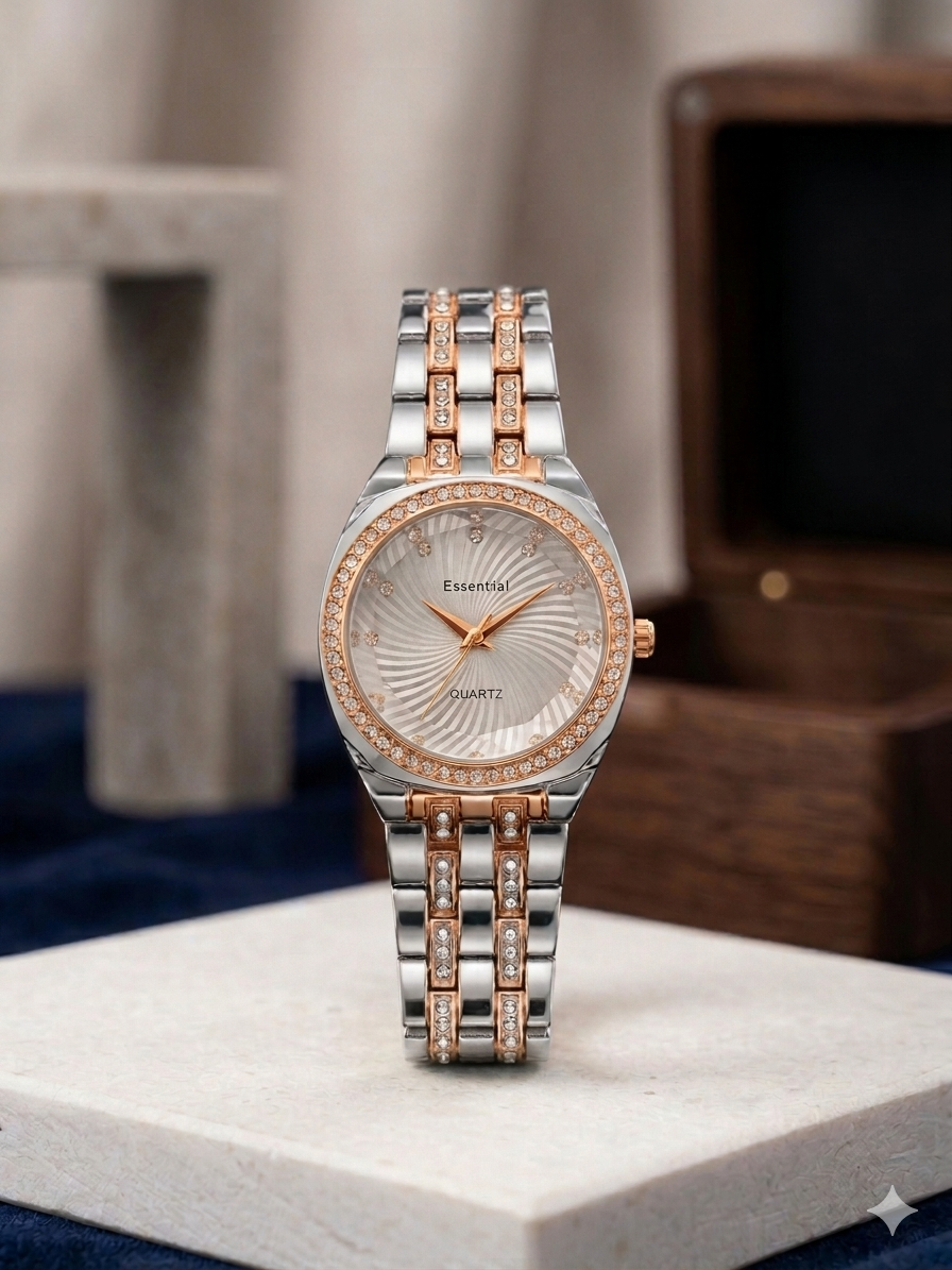 Essential Women's Quartz Watch: Two-Tone Silver & Rose Gold with Diamond Bezel and Spiral Radial Dial Pattern Premium Quality Ladies Watch Stainless Steel For Girl's