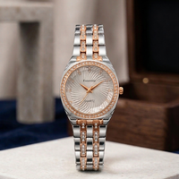 Essential Women's Quartz Watch: Two-Tone Silver & Rose Gold with Diamond Bezel and Spiral Radial Dial Pattern Premium Quality Ladies Watch Stainless Steel For Girl's