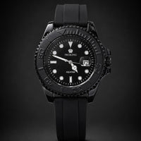 Stealth Black Tactical Dive Watch with Geometric Indices - Rotatable Dail