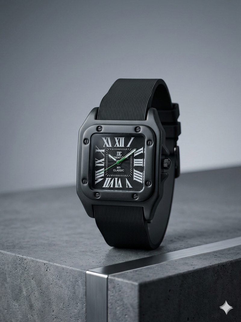The Regal Square – Metallic Roman Dial on an Industrial Ribbed Silicone Strap