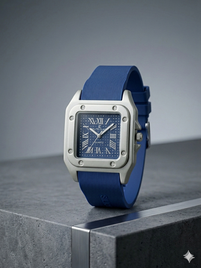 The Regal Square – Metallic Roman Dial on an Industrial Ribbed Silicone Strap