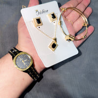 Royal Onyx Luxury Jewelry & Watch Gift Set – 5-Piece Combo Watch Earrings Bracelet Necklace