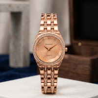 Essential Women's Quartz Watch: Two-Tone Silver & Rose Gold with Diamond Bezel and Spiral Radial Dial Pattern Premium Quality Ladies Watch Stainless Steel For Girl's