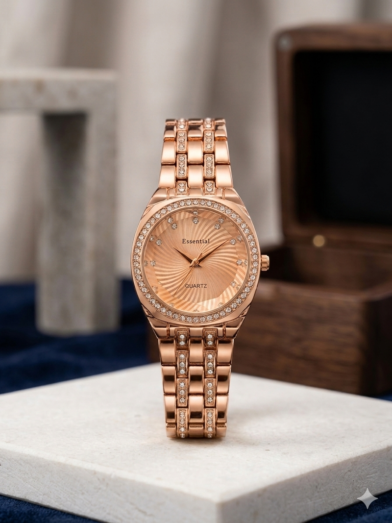 Essential Women's Quartz Watch: Two-Tone Silver & Rose Gold with Diamond Bezel and Spiral Radial Dial Pattern Premium Quality Ladies Watch Stainless Steel For Girl's