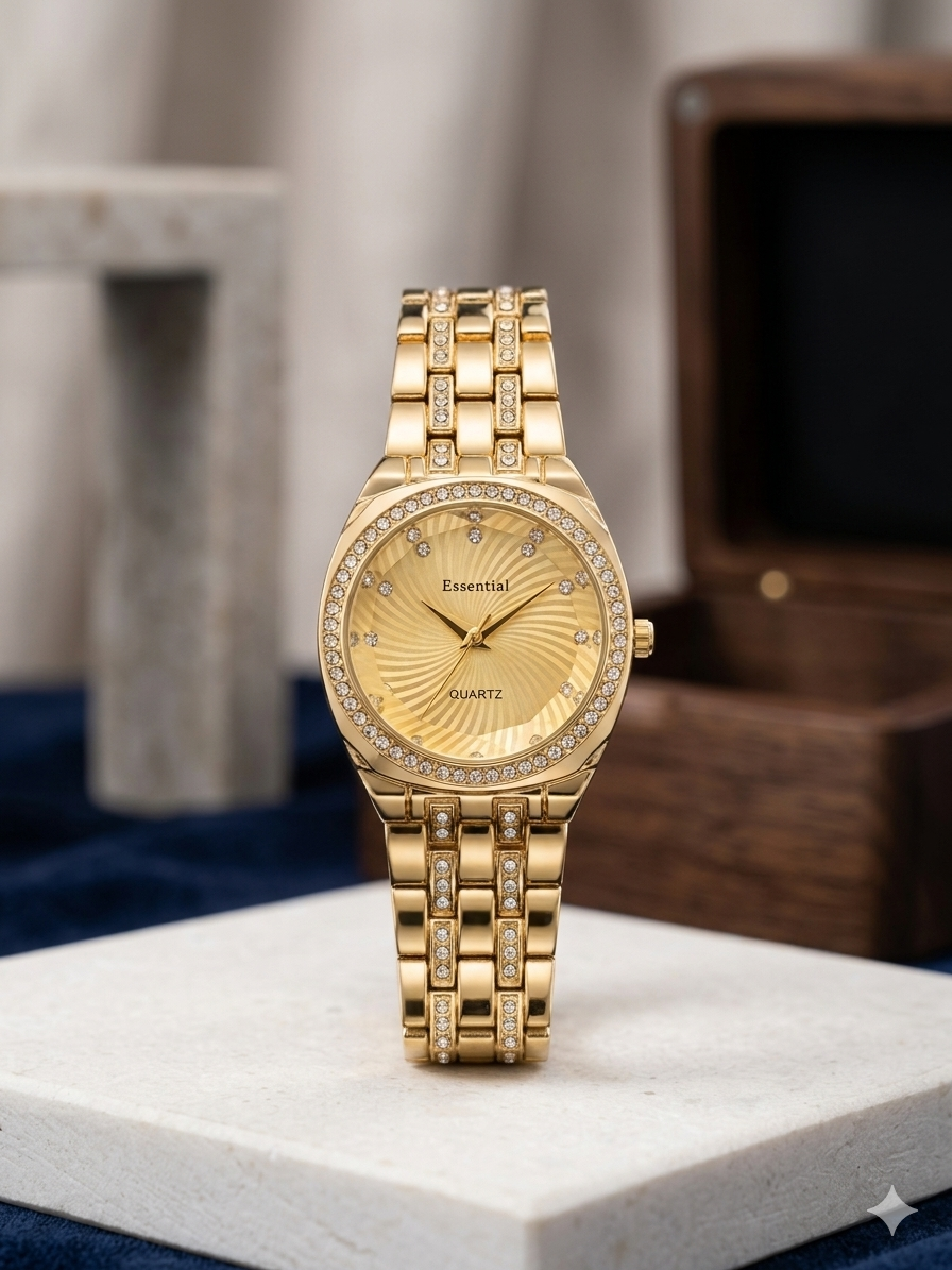 Essential Women's Quartz Watch: Two-Tone Silver & Rose Gold with Diamond Bezel and Spiral Radial Dial Pattern Premium Quality Ladies Watch Stainless Steel For Girl's