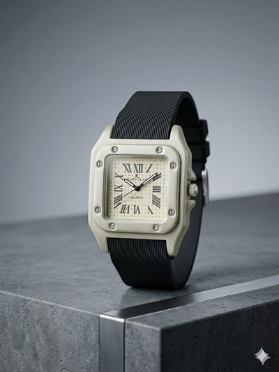 The Regal Square – Metallic Roman Dial on an Industrial Ribbed Silicone Strap
