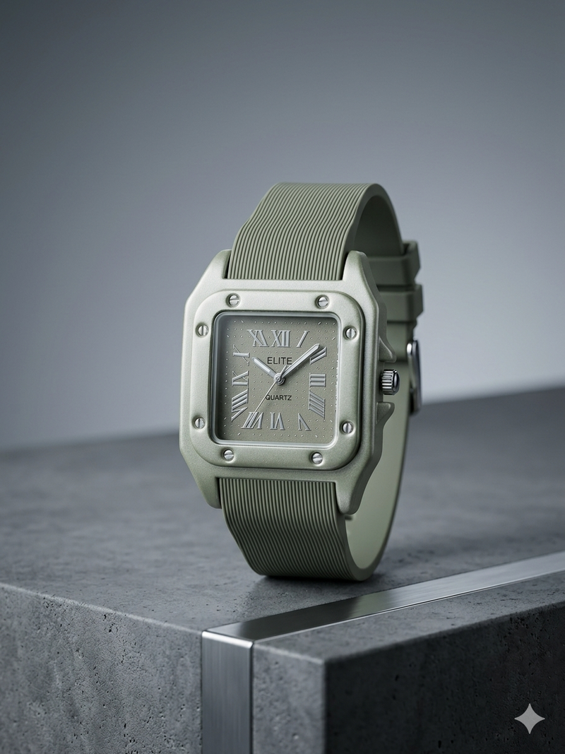 The Regal Square – Metallic Roman Dial on an Industrial Ribbed Silicone Strap