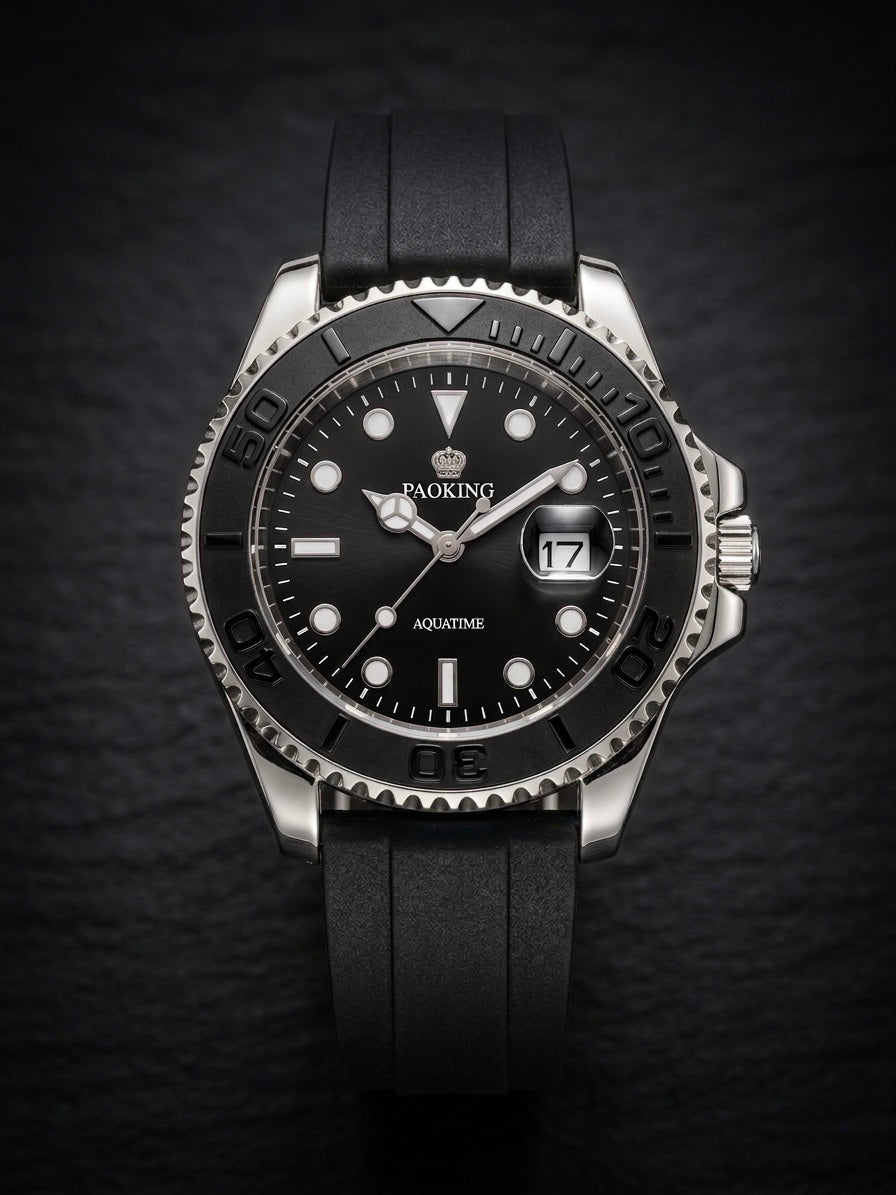 Stealth Black Tactical Dive Watch with Geometric Indices - Rotatable Dail