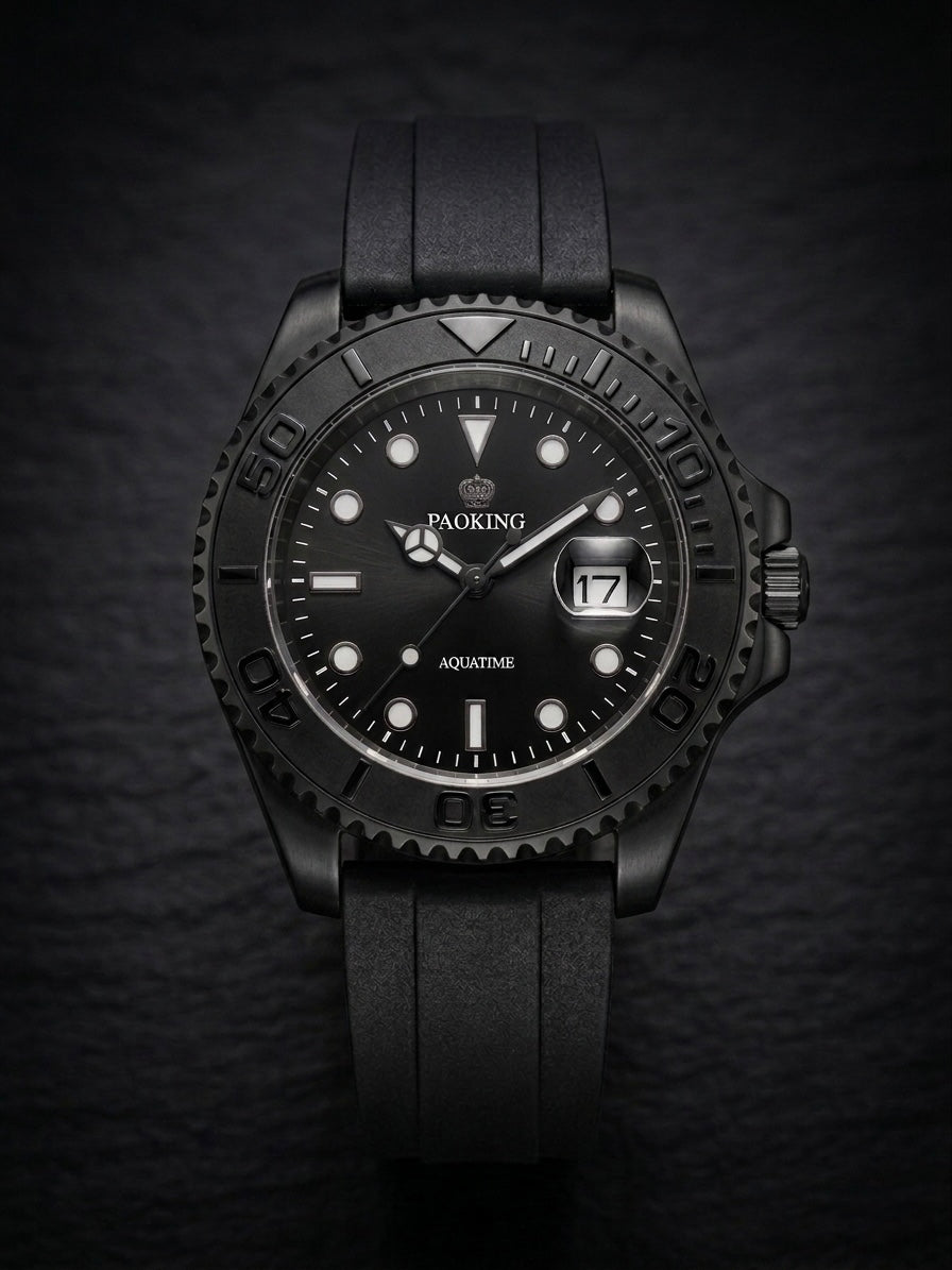 Stealth Black Tactical Dive Watch with Geometric Indices - Rotatable Dail