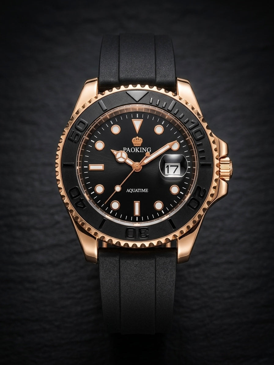Stealth Black Tactical Dive Watch with Geometric Indices - Rotatable Dail