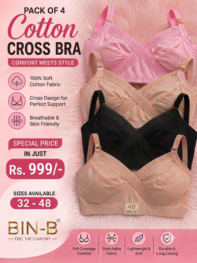 Pack of 4– Non-Padded Cotton Bras for Women