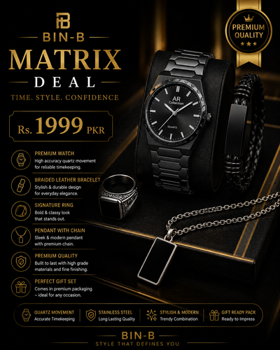 BIN-B Matrix Deal – Premium 4-in-1 Men's Luxury Watch & Accessories Gift Set