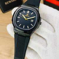 Luxury Men's Sport Watch – Gold Bezel & Textured Black Dial with Premium Silicone Strap